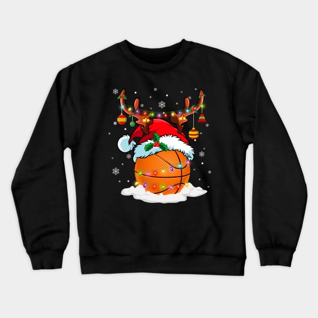 Reindeer Santa Hat Basketball Christmas Lights Xmas Crewneck Sweatshirt by Dunnhlpp